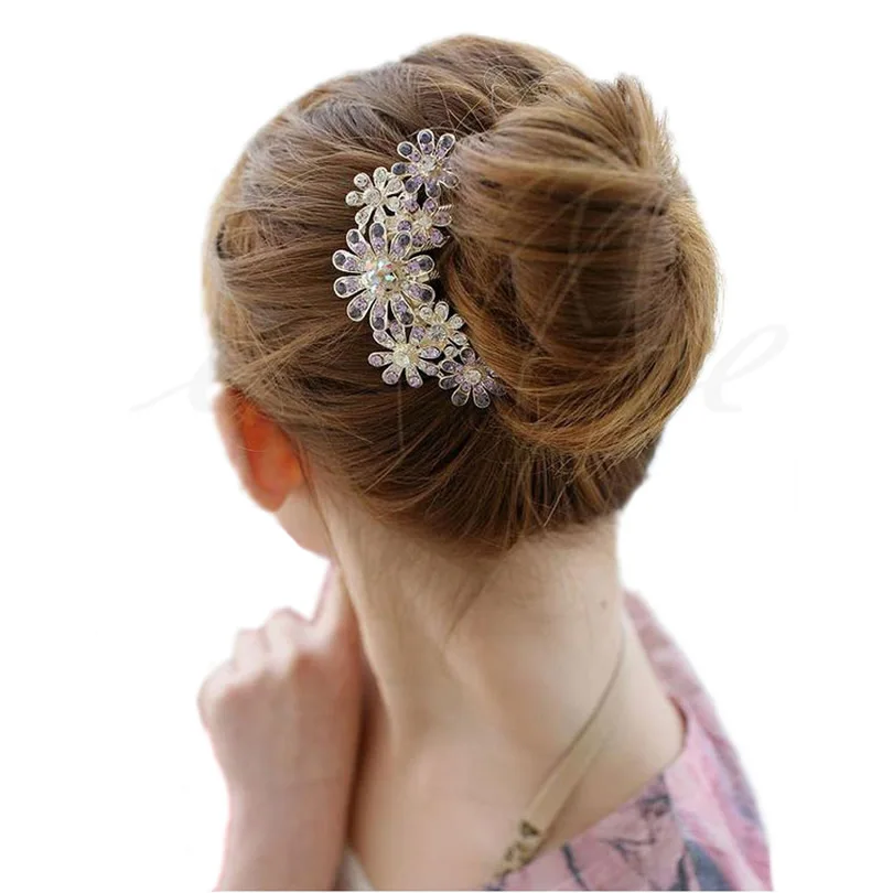 Women Crystal Rhinestone Petal Tuck Comb Flower Hair Pin Hair Clip Hairpin