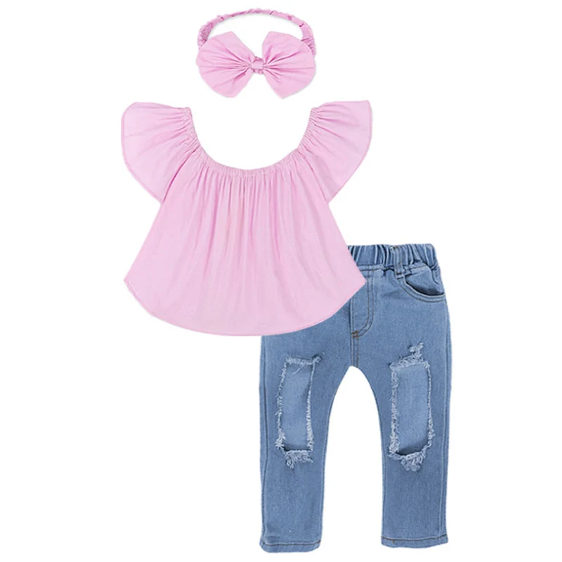 Одежда для маленьких девочек г. Детская одежда летние комплекты для девочек, костюм для детей, спортивный костюм комплекты одежды для девочек рваные джинсы - Цвет: Pink