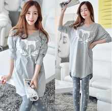 Lady Autumn Summer style Lovely dog grey big size Cotton maternity clothes Pajama Set for pregnant maternity sleepwear