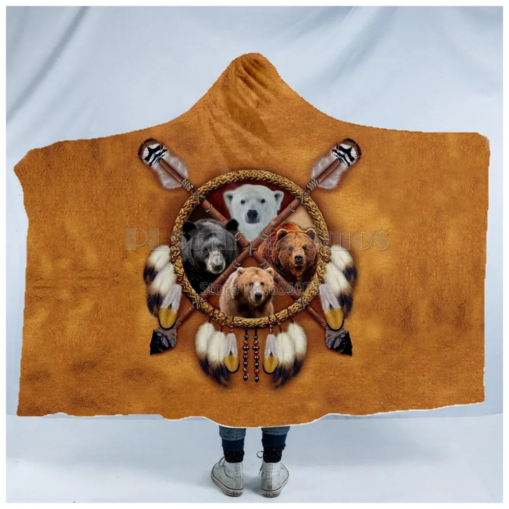 

Plstar Cosmos Bear Totem/Native American/Native Indian Hooded Blanket 3D full print Wearable Blanket Adults men women style-1