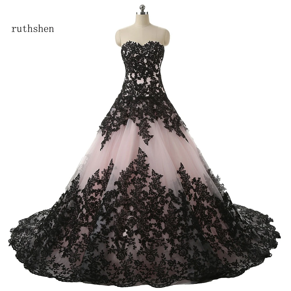 

ruthshen Ball Gown Wedding Dresses With Sweetheart Black Lace Appliques Draped Lace Up Robe De Mariee Manche Longue