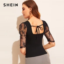 SHEIN, кружевной топ с пышными рукавами и завязками сзади,, черная эластичная Женская одежда, летняя футболка, облегающая футболка с полупышными рукавами