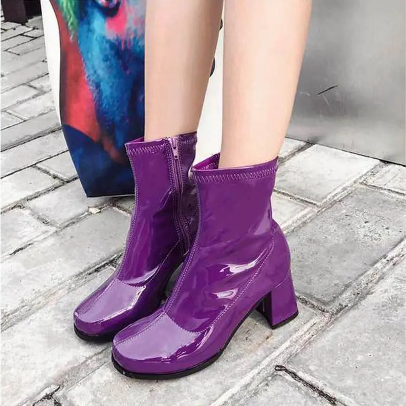 

2018autumn new casual women's shoes patent leather wild candy color round head thick single shoes trend high-heeled Martin boots