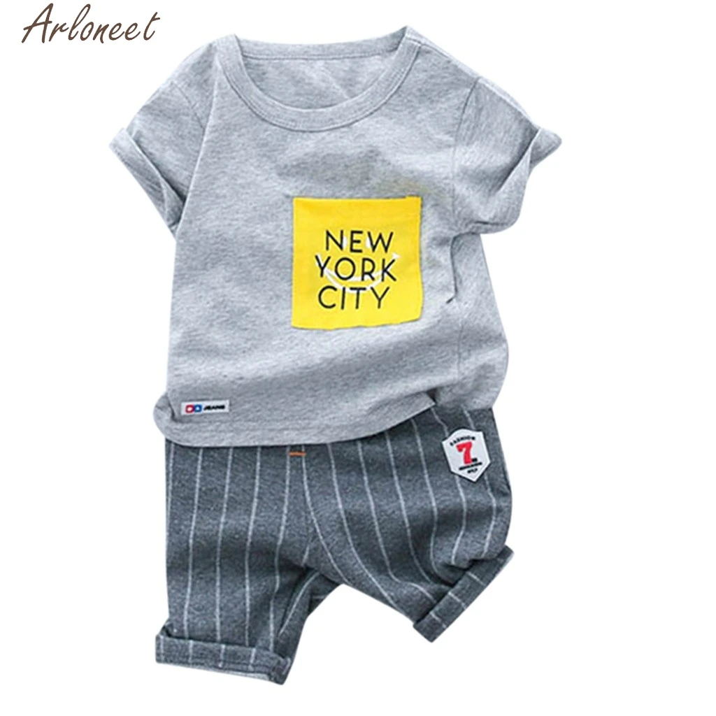 

ARLONEET Toddler Kid Cotton blending Baby Boys Letter T-shirt Letter Boys Tee Tops Stripe Shorts Trousers Outfits Set 19Jan23