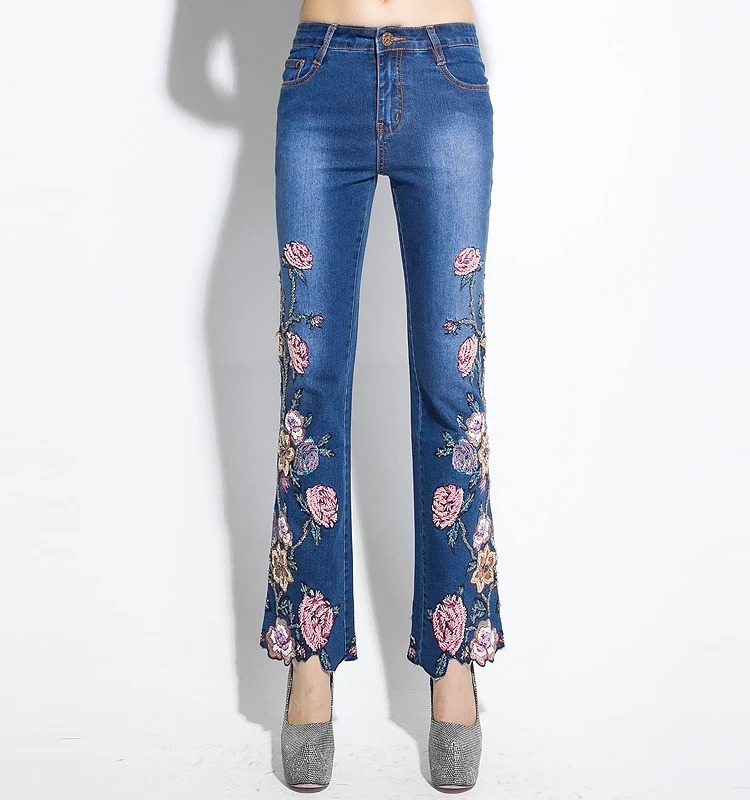 FERZIGE женские джинсы с вышивкой с высокой талией Роскошные джинсовые брюки ручной работы вышитый колокольчик низ оборки открытый эластичный браслет из бисера