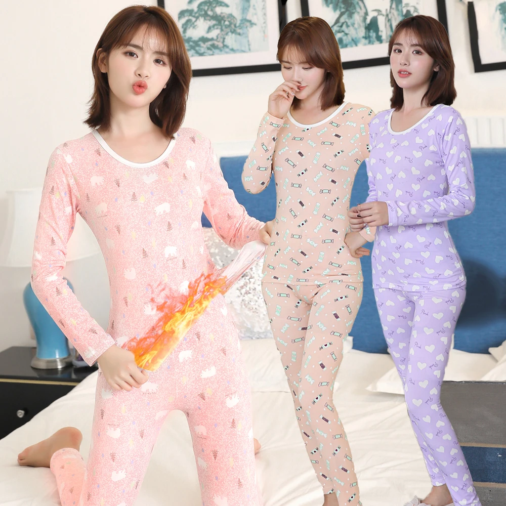 

2019 Autumn Winter Thermal Underwear Pajamas Sets for Women Long Sleeve Thick Warm Sleepwear Pyjama Long Johns Homewear Clothes