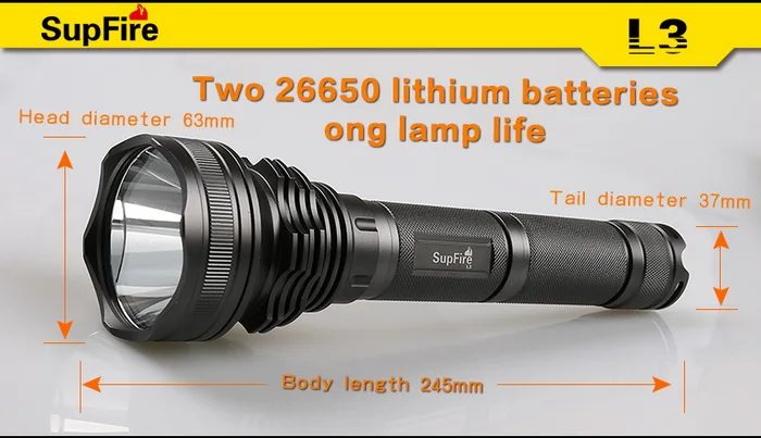 SupFire L3 10 W Cree XM-L2 T6 светодиодный фонарик переменной Длина факел прожектор для самообороны 18650 или 26650 Батарея