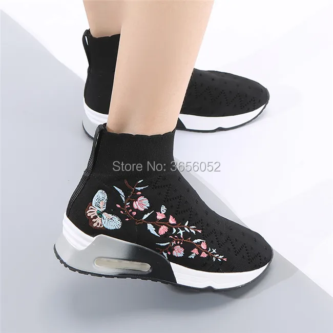 Floral Sneakers Les Femmes Wedge Slip Tricoté Plate Talon Mujer Casual Qianruiti Plat Épais Noir Chaussette Bottes Botas Extensible Sur forme Black Chaussures kwOPuZiTX