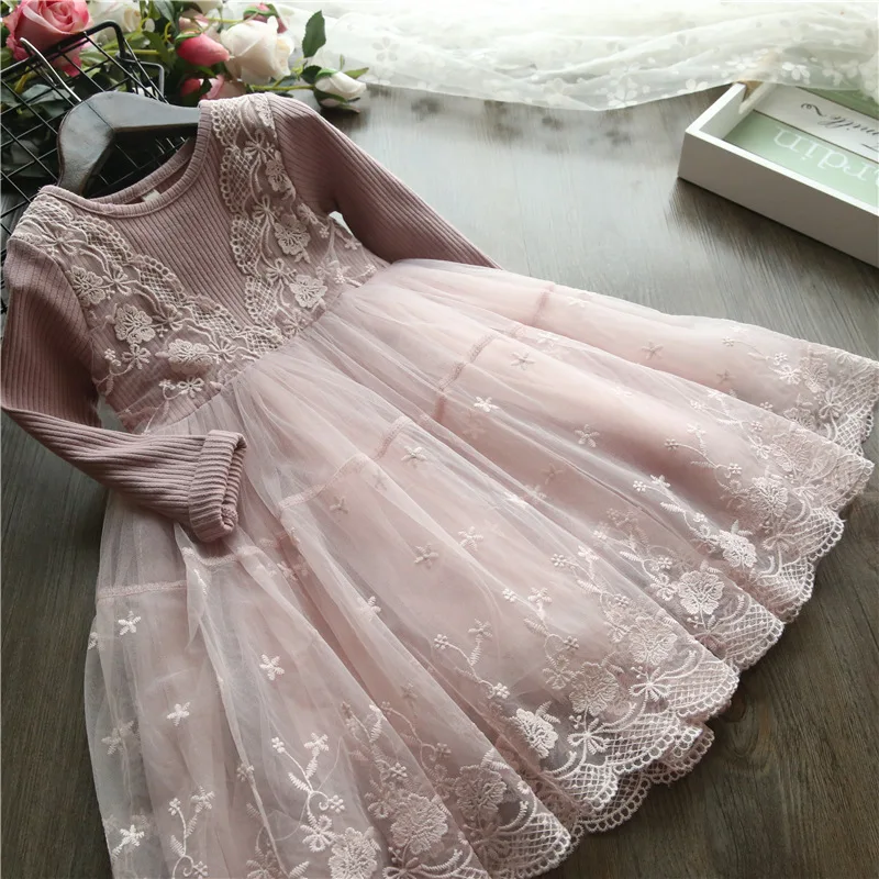 LILIGIRL Girl Princess Dress Girl Clothes Kids Lace Spring Autumn Long Sleeves Dresses For Party And Wedding Party Clothes