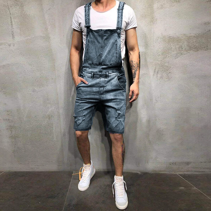 

MoneRffi 2019 Summer Men Ripped Jeans Jumpsuits Shorts High Street Distressed Denim Bib Overalls Mens Casual Suspender Pants
