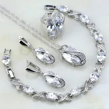 Классические белые мистические стразы, Стерлинговое серебро, ювелирные наборы для женщин, свадебные браслеты/ожерелье/Подвеска/серьги/кольцо