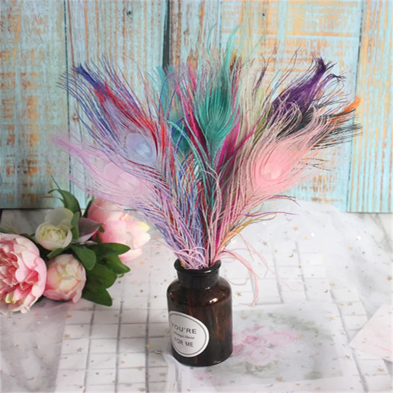 

Wholesale quality 10 pieces of rare macarons dyed into peacock feathers 25-30 cm / 10-12 inches decorative diy