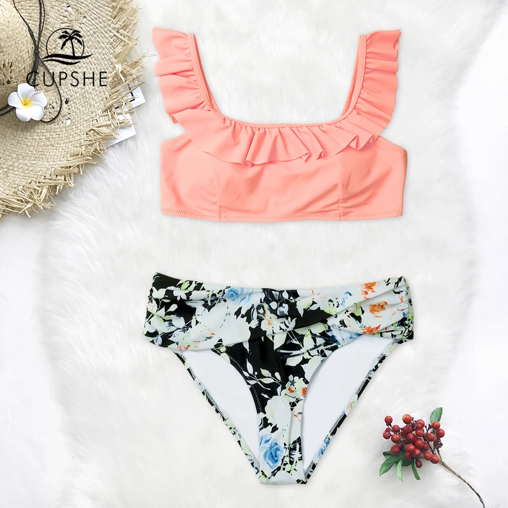 

CUPSHE Pink And Floral Ruffled Bikini Sets Women Cute Tank Two Pieces Swimsuits 2019 Girl Beach Bathing Suits Swimwear