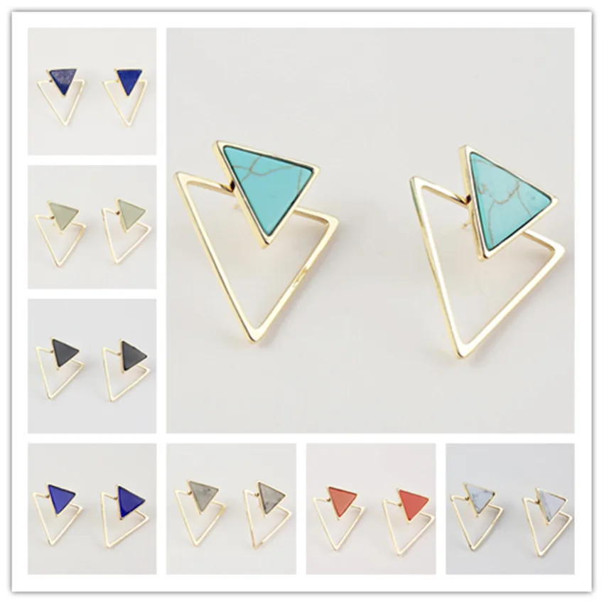 

Kraft-beads Light Yellow Gold Color White Turquoises Stone Two Layer Triangle Earrings Lapis Lazuli Jewelry