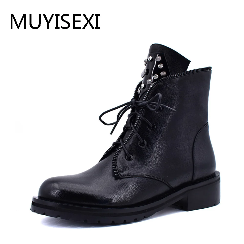 

Women's Boots Black Round toe 4cm Chunky Heel Ankle Boots Casual Shoes Autumn Winter Short Plush Boots Zipper HF002 MUYISEXI