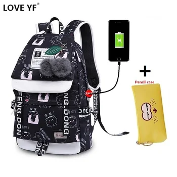 

New girl laptop backpack USB waterproof school bag High quality College Students canvas backpack estuche escolar anime ruched