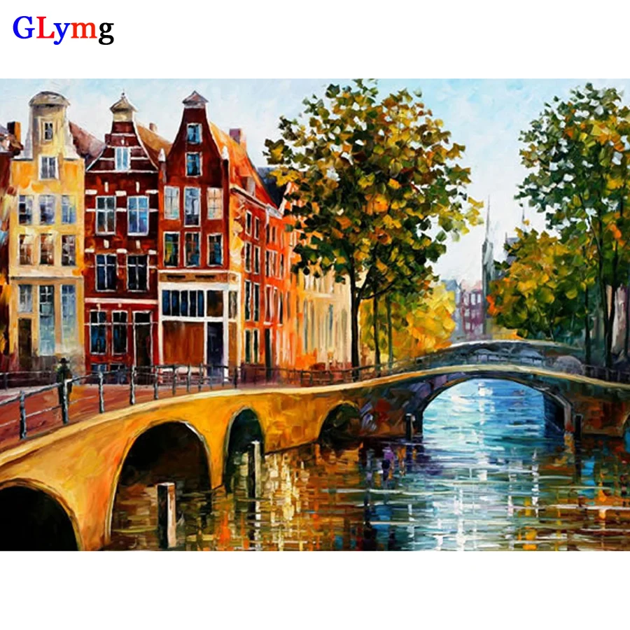 GLymg Diy Diamond Embroidery Bridge Scenery Diamond Painting Cross Stitch House Wall Craft Full Square Mosaic Picture Home Decor