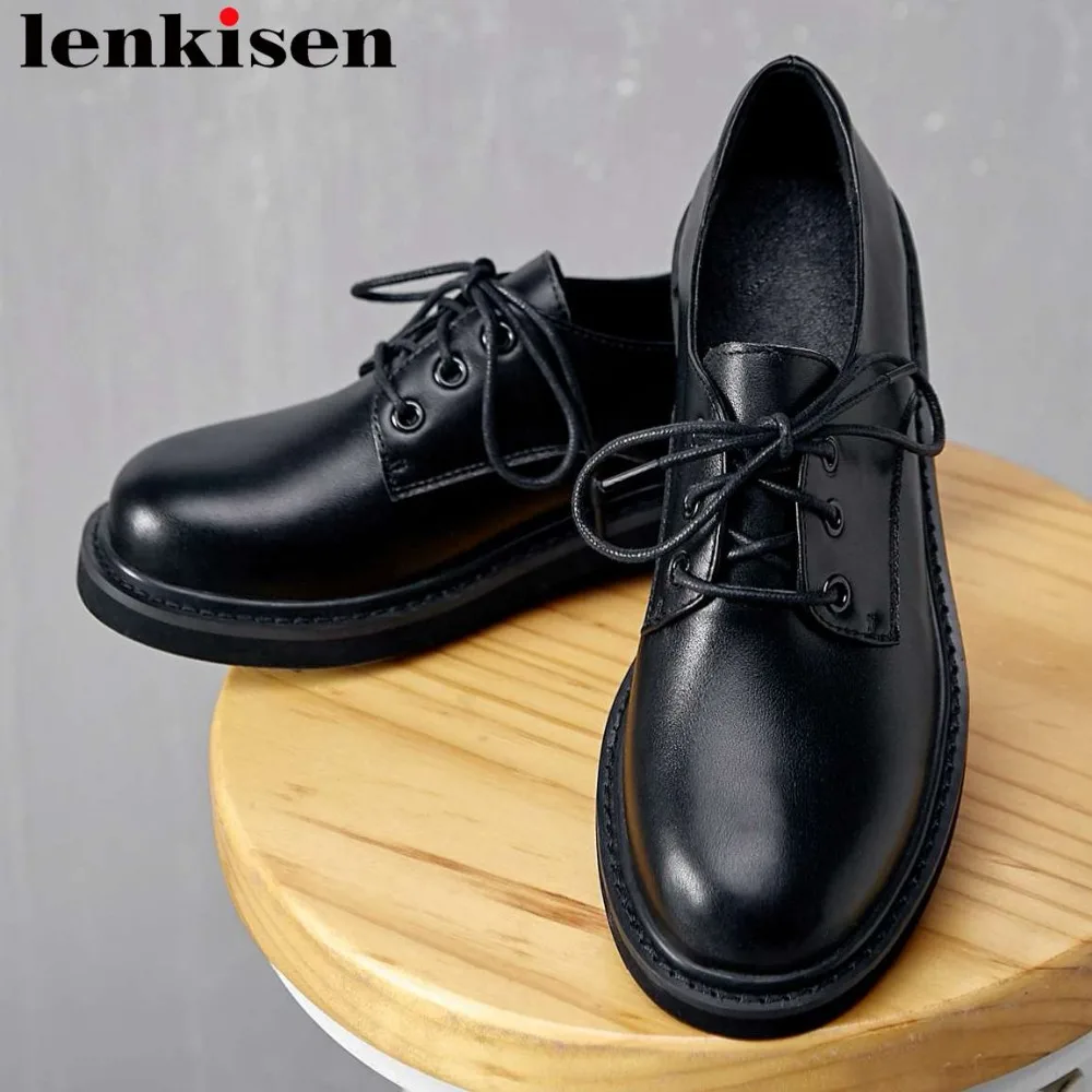 

2019 concise style chunky med heels lace up British style black vintage pumps genuine leather round toe Spring party shoes L82