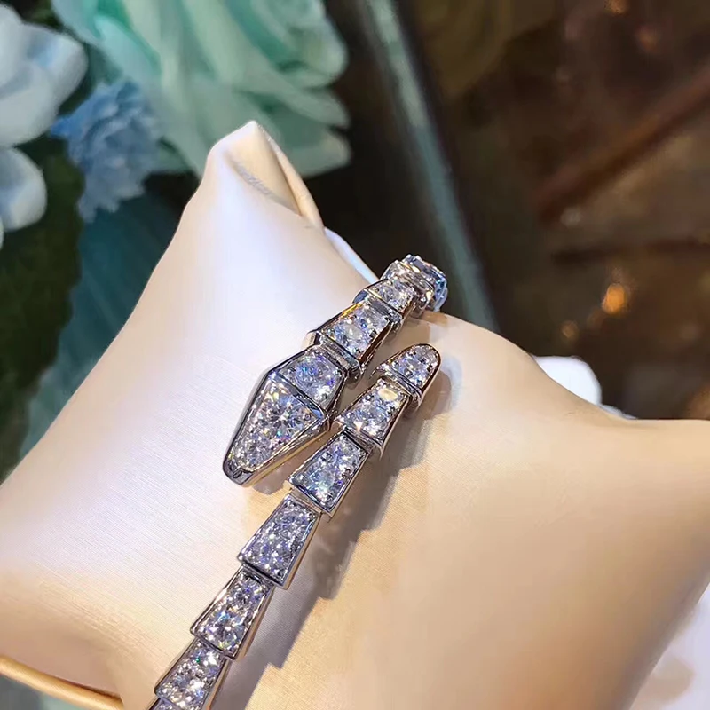 

Hot Brand Pure 925 Sterling Silver Jewelry For Women Snake Bangle Full Stone Spring Bracelet Wedding Jewelry Adjustable Bracelet