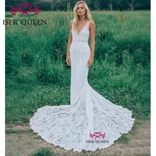 Иллюзия v-образным вырезом без рукавов вышитые кружева на сети сексуальное платье-рыбка с открытой спиной свадебное платье Часовня Поезд платья для свадьбы W0447