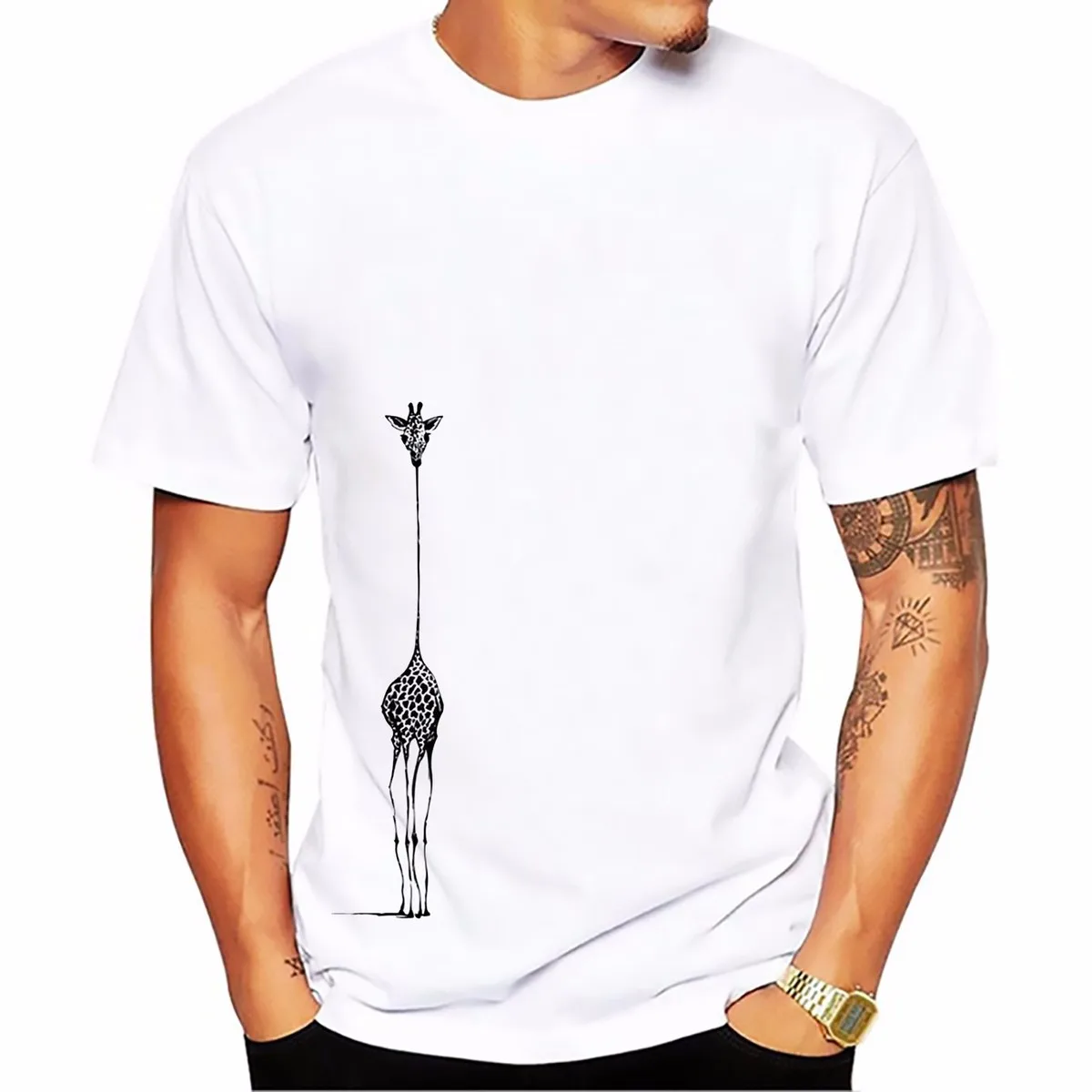 

Giraffe walking alone on the way design tshirt men soft Breathable Short Sleeve Plus Size t shirt homme white casual t-shirt