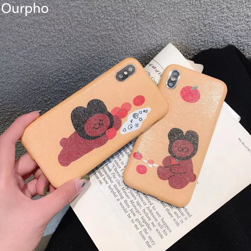 

Ourpho Ins soft shell for iphone 6 6s 7 8 silk orange bear Case for iphone X XR XS MAX protective case