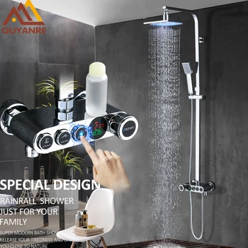 

Quyanre LED Digital Display Shower Faucets Set LED Shower 3-way Brass Mixer Tap Swivel Tub Spout Digital Bathroom Shower Faucet