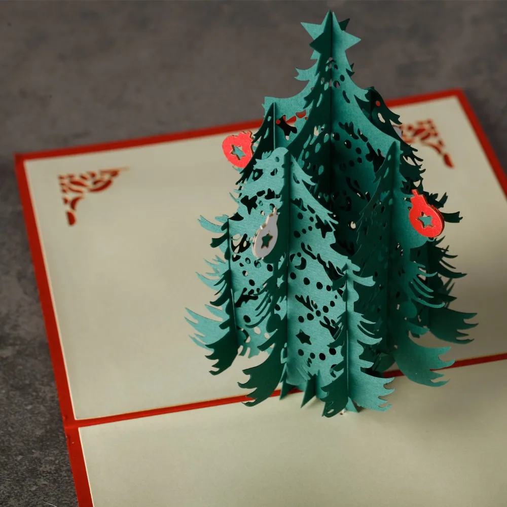 1 pc Vintage 3D Laser Cut Pop up Paper Merry Christmas Tree Handmade