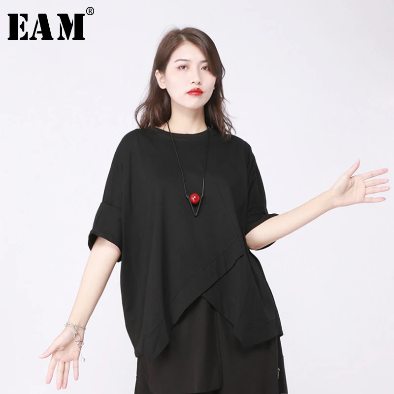 

[EAM] 2019 New Spring Summer Round Neck Half Sleeve Black Irreuglar Hem Loose Big Size T-shirt Women Fashion Tide JT7120