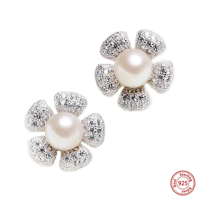 Fashion 925 Sterling Silver Zircon Pearl Small Flower Shape Stud Earrings With 7-8mm Natural Freshwater Pearl Earrings Jewelry 