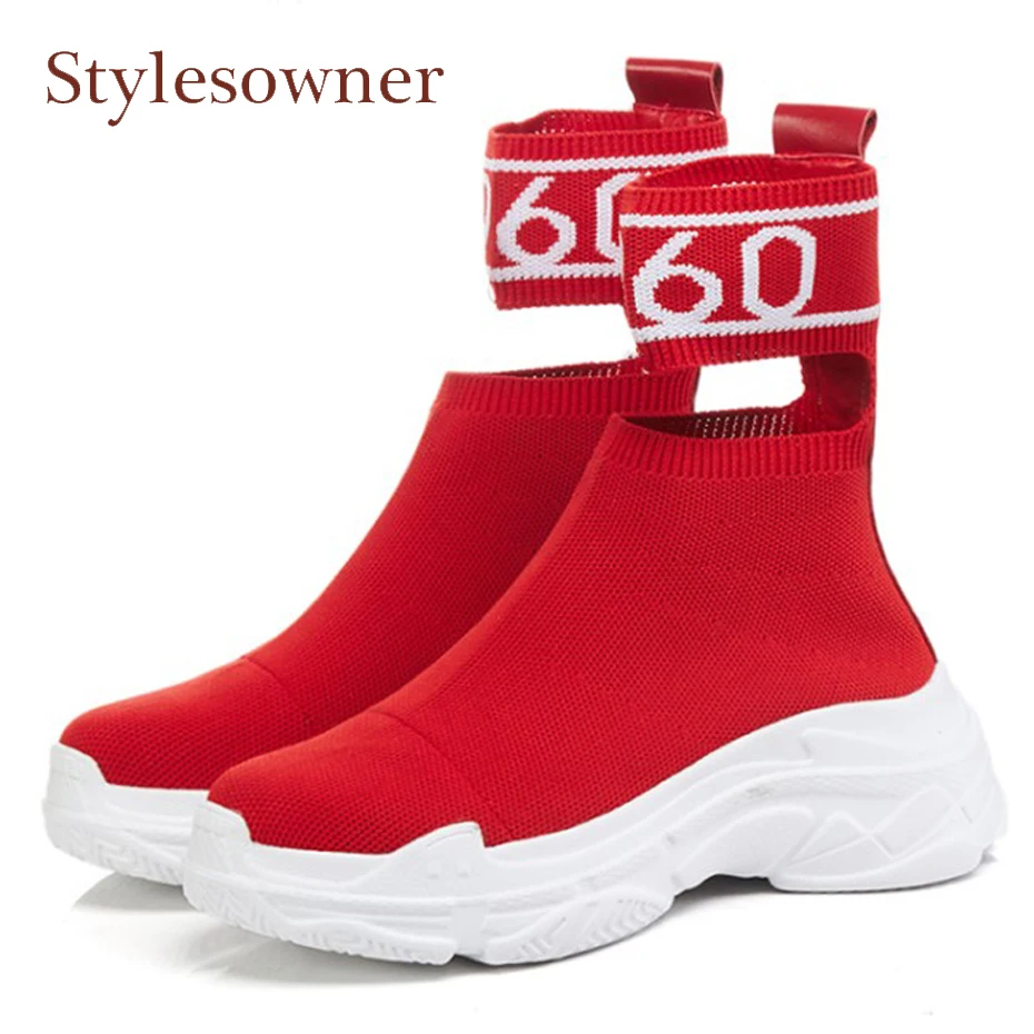 

Stylesowner black red fashion knit sock elastic ankle boots mixed color cut out stretch sneaker luxury design women casual shoes