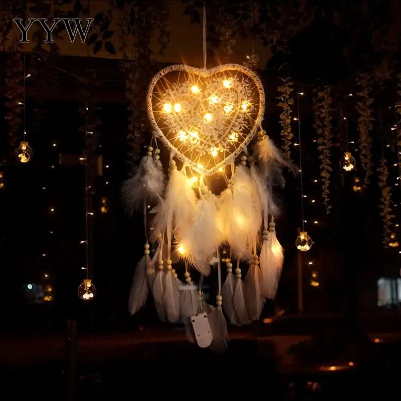 

White/Pink Dream Catcher Wind Chimes Led Lamp Feather Hunter Substance Crafts Dreamcatcher Hanging Decorations Feather Crafts