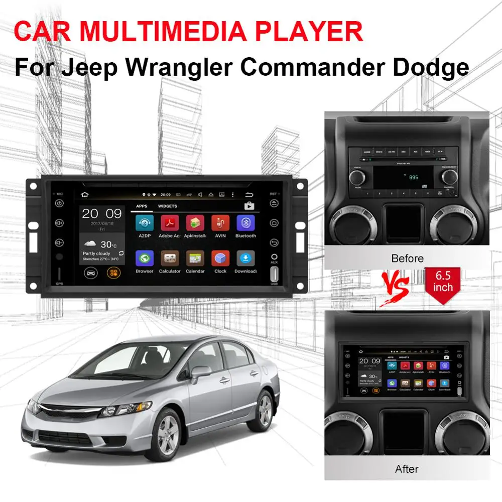 Excellent Android 7.1/8.0 Octa Core 4GB RAM 32GB ROM Car DVD GPS For Jeep Wrangler Commander Dodge 2007-2013 Radio Stereo Navigation SWC 2