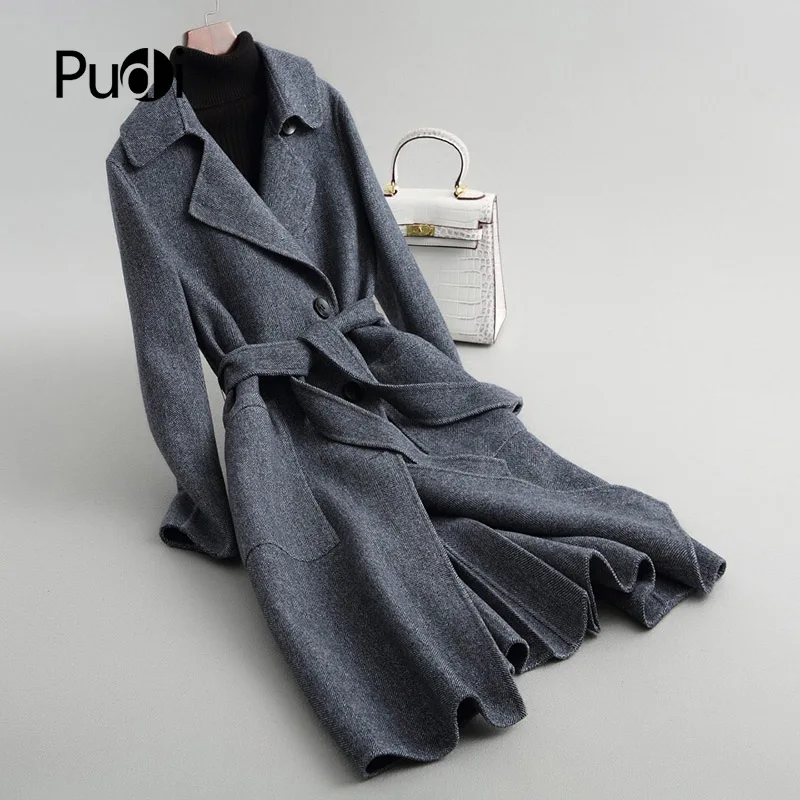 

PUDI A38047 2018 Women Fall/Winter new fashion wool Herringbone jacket lady's long style pocket leisure wool coat