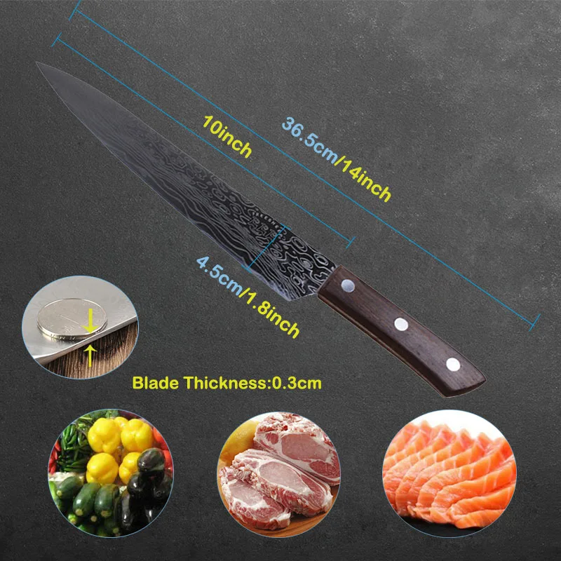 FHEAL кухонный нож поварские ножи 8 9 10 дюймов 3Cr13 высокоуглеродистая Нержавеющая сталь имитация Дамасского овощей нож сантоку - Цвет: 10 inch
