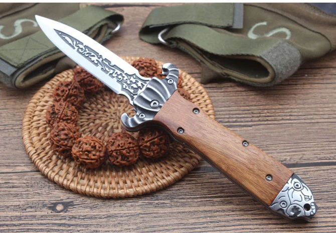 Деревянная ручка AKC Классический складной нож Высокое качество Крестный отец стилет Открытый выживания кемпинг тактический EDC инструмент подарок