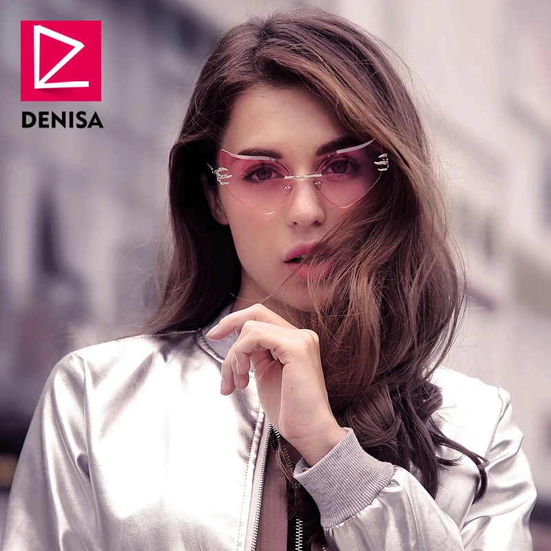 DENISA, розовые, без оправы, кошачий глаз, солнцезащитные очки для девушек, известный бренд, сова, глаз, стиль, солнцезащитные очки для женщин, UV400, lunette de soleil femme, G23038