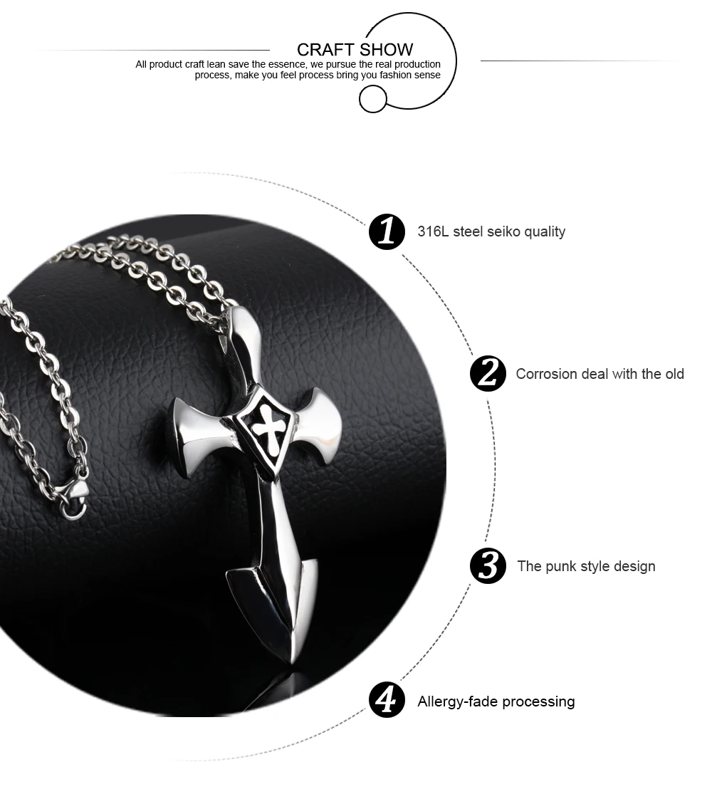 Stainless Steel Crusades Cross Pendant Men Necklace Punk Rock Style With 50cm Link Chain Polishing Jewelry Gift