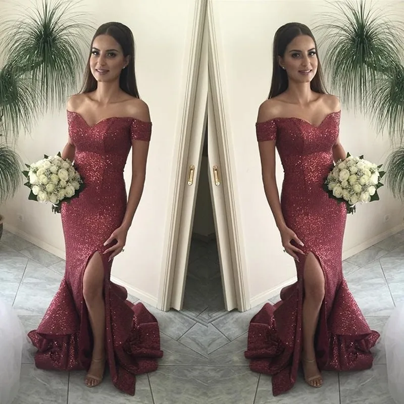 

Newest Burgundy Off The Shoulder Side Slit Mermaid Sequins Bridesmaid Gowns Court Train Sequined Bridesmaid Dresses