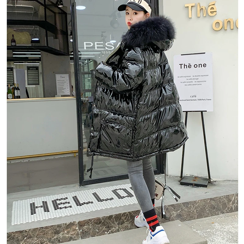 Fashion Bright Down Jacket Big Fur Collar Thicken Long Winter Warm Parka Coat Down Jacket Female Snow Winter Clothes