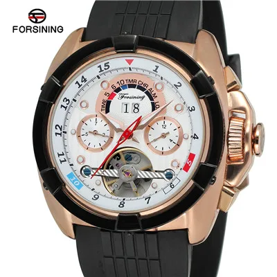 Forsining Tourbillon для мужчин s часы брендовые Роскошные спортивные автоматические часы мужские автоматические с автоматическим заводом календарь бренд кожаный ремешок - Цвет: Rose White