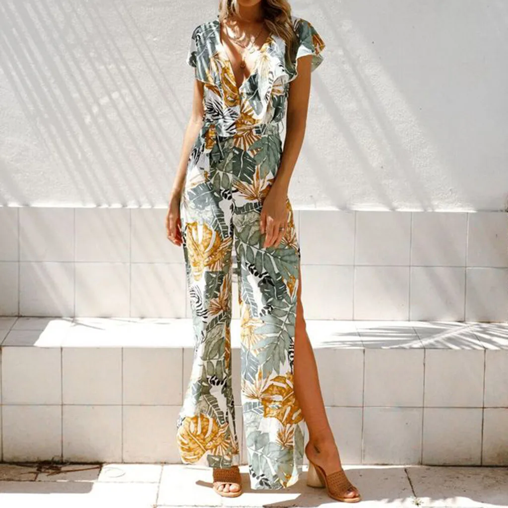 

Summer Casual Sexy Lady New Ruffled Waist Thin Print V-neck Sleeveless Off-the-shoulder Long Wide Legs Jumpsuit shein vadim 40*