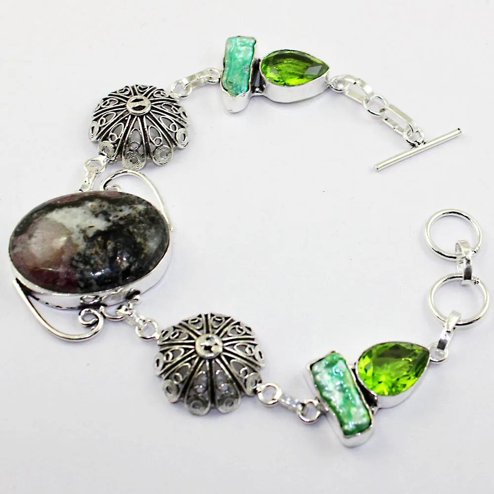 

Rhodonite & Peridots Bracelet Silver Overlay over Copper ,21.6cm, B1446