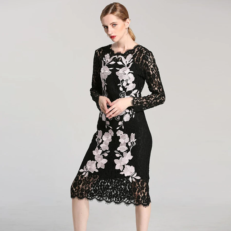 Vintage Dresses Women 2017 Newest Autumn Fashion High Street Lace Vintage Dresses Women 2017 Newest Autumn Fashion High Street Lace Fl Embroidery Hollow Out Top Grade European Black Dress In From S