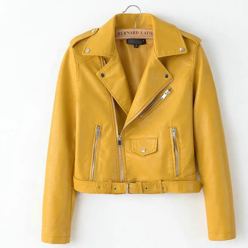 

Autumn Street Fashion Women's Short PU Leather Jacket Zipper Bright Color Ladies Basic Jackets Women bomber Coats