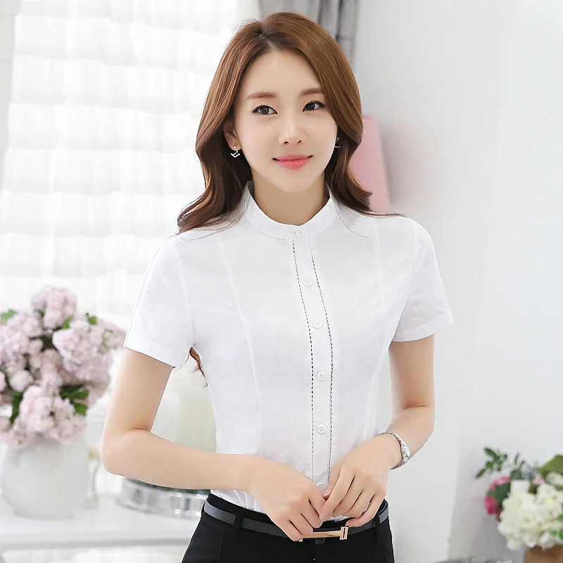 Summermal Women Shirts Short Sleeve Stand Neck Cotton And