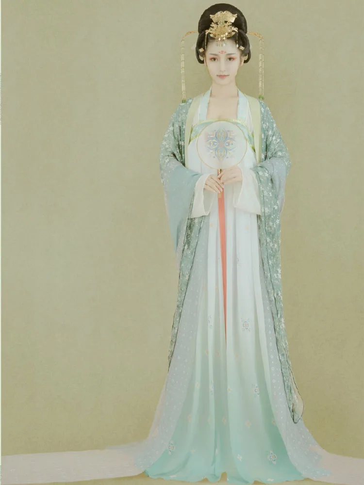 Лю ли Цуй светло-зеленый печати шифон костюм Hanfu династии Тан принцессы Высокая Талия RU Цюнь Hanfu сценическое костюм