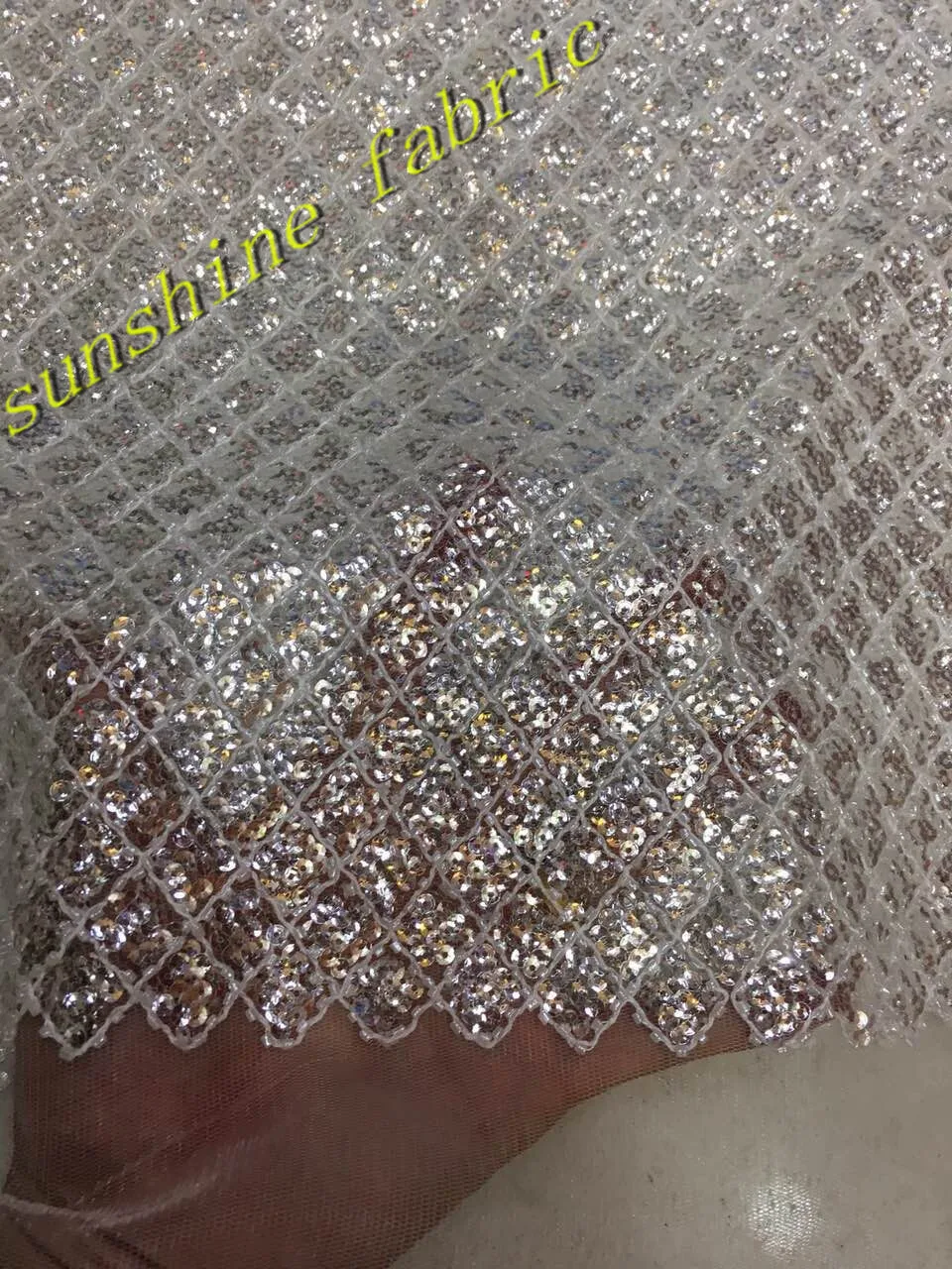 

high quality sequins pearls jacquard lace fabric material Silver white Embroidered beaded lace fabric for wedding dress