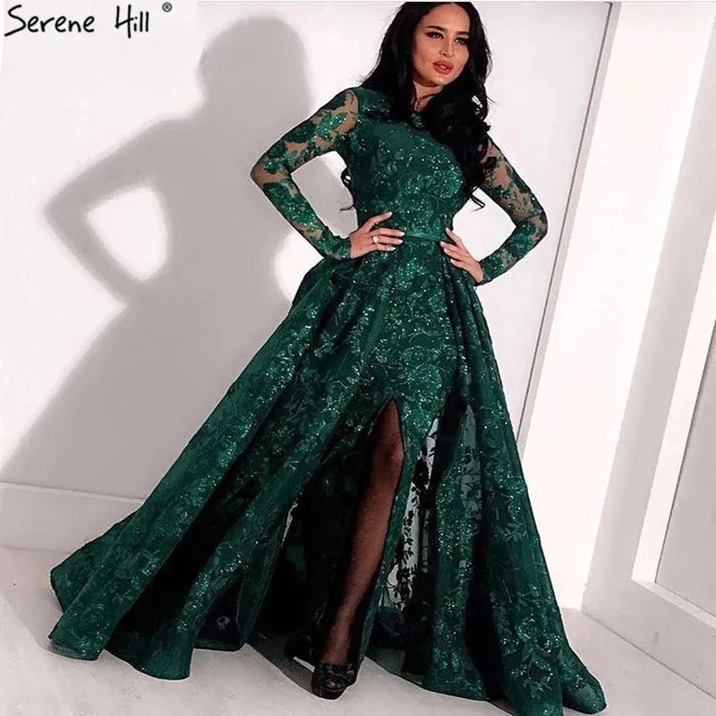 

Dubai Design Green Long Sleeve Evening Dresses 2019 Luxury Sparkle Handmade Flowers Crystal Evening Gowns Serene Hill LA60755