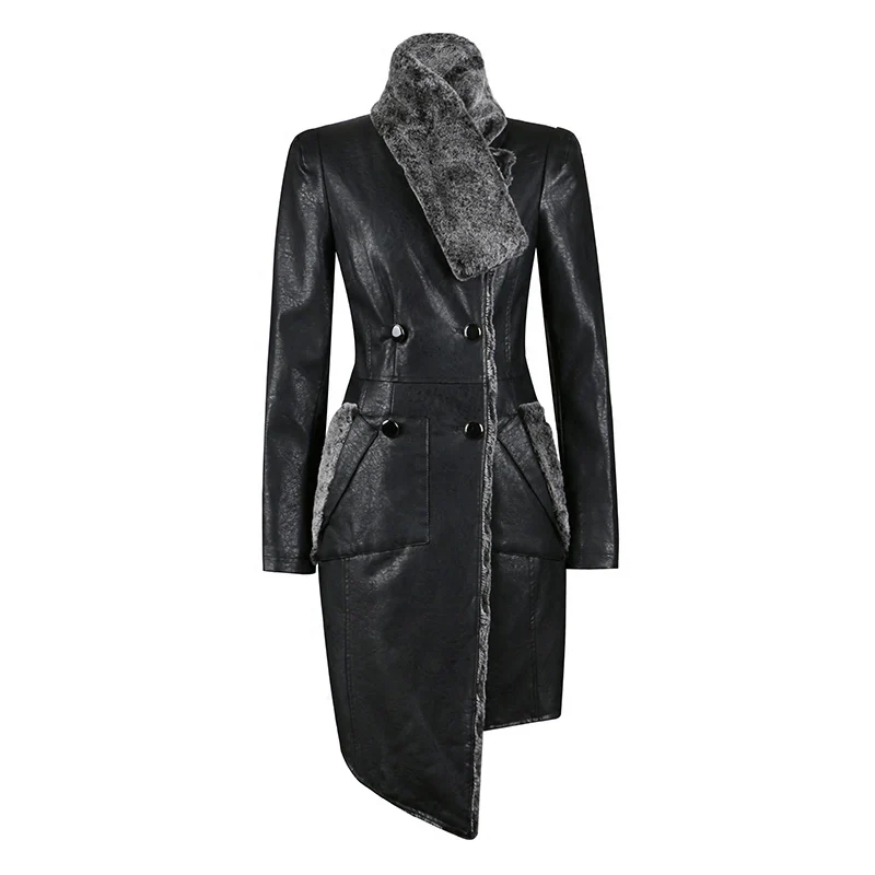 2018 High end autumn winter Fur scarf collar slim elegant faux leather Pu Jacket black double breasted irregular work warm coat 2018 High end autumn winter Fur scarf collar slim elegant faux leather Pu Jacket black double breasted irregular work warm coat